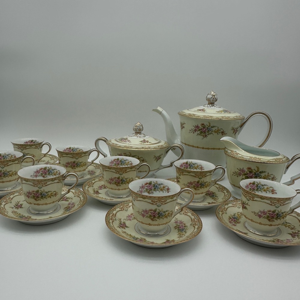 Noritake Sherwood 3926 Demitasse Set Coffee Pot Creamer Sugar 8 Cups Saucers